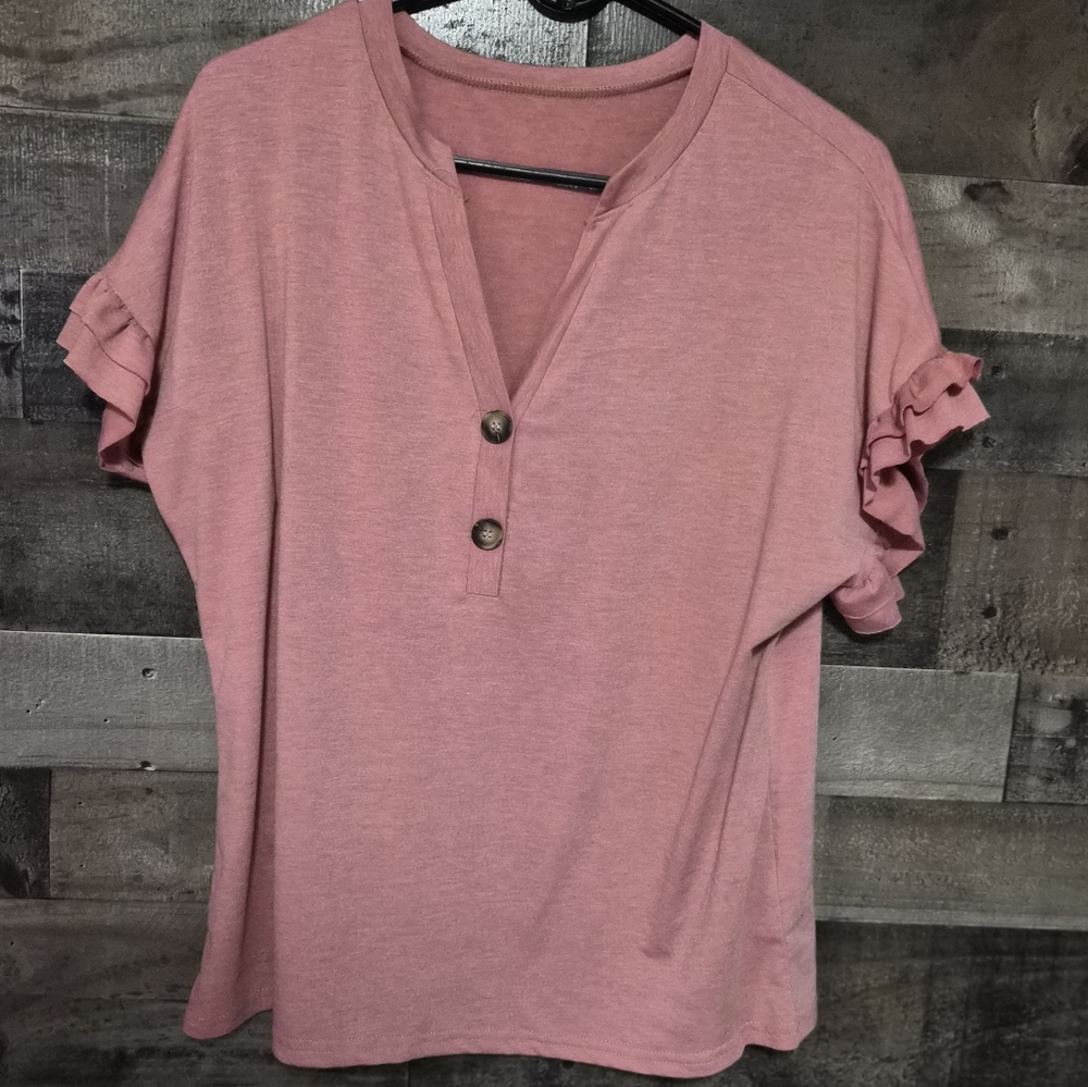 SHEIN Pink Buttoned Ruffle Sleeve Blouse